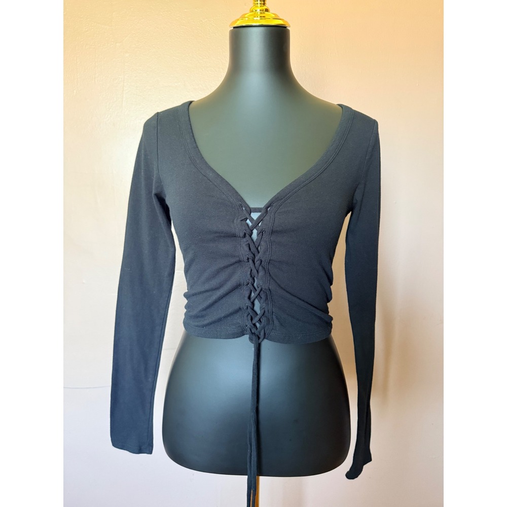 Aeropostale Lace Up Front Top Womens Small Black Long Sleeve V Neck Crop